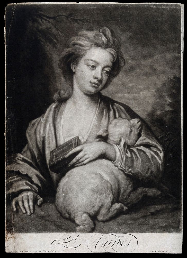 Saint Agnes. Mezzotint by J. Smith, 1716, after Sir G. Kneller.