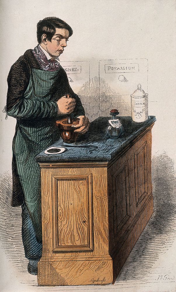 An pharmacist's apprentice mixing up a prescription. Coloured wood engraving by Stypułkowski after J.J. Grandville.
