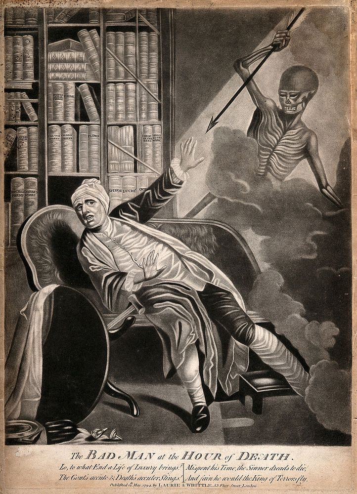 A gouty man startled by death; represented as a skeletal figure wielding an arrow. Mezzotint, 1794.