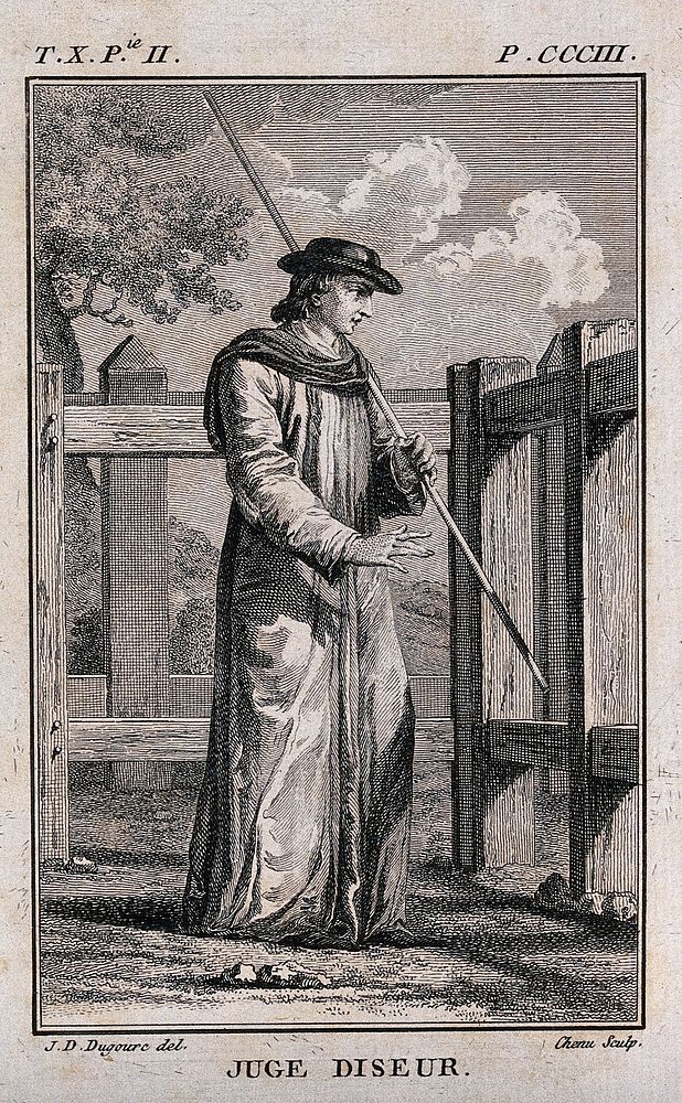 A referee or scorer at a tournament, wearing a long cloak and holding a long staff. Engraving by P. Chenu after J.D. Dugourc.