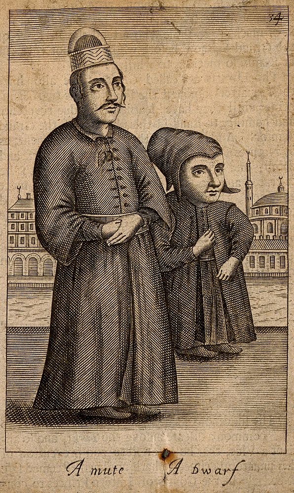 A mute man and a dwarf, with Turkish buildings in the background. Line engraving.