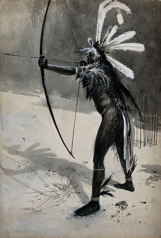 A New Guinea sportsman testing his armour. Watercolour by A.H. Fullwood.