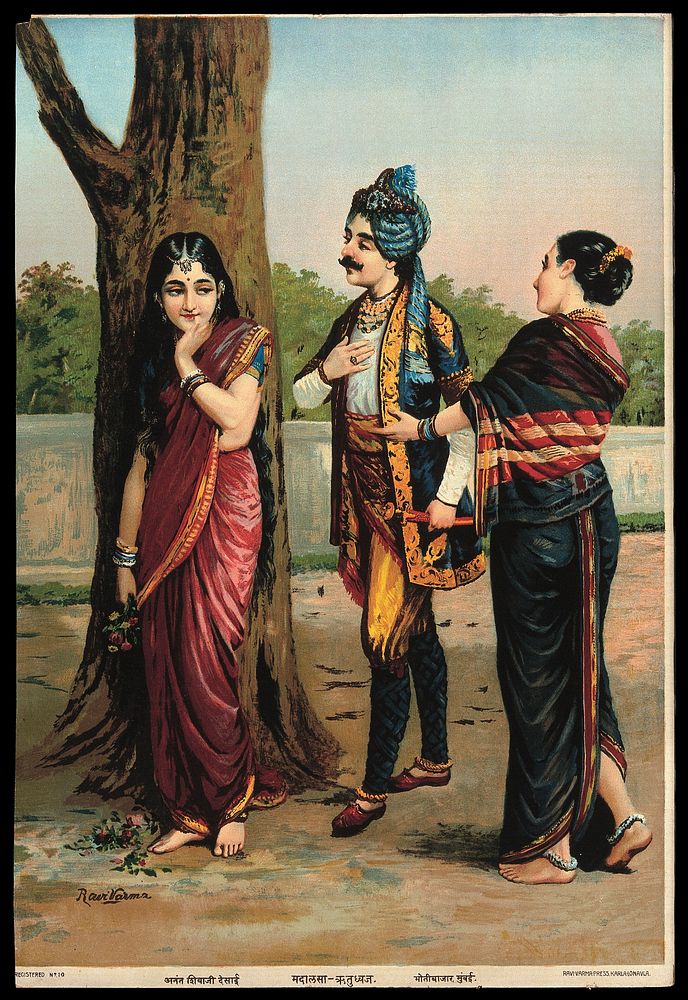 Ratudhvaja courting Madalasa with the help of a female chaperone. Chromolithograph by R. Varma.