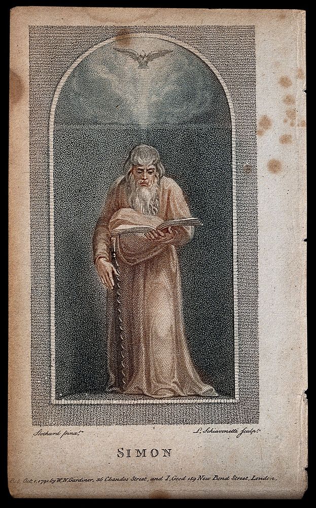 Saint Simon. Colour stipple engraving by L. Schiavonetti, 1791, after T. Stothard.