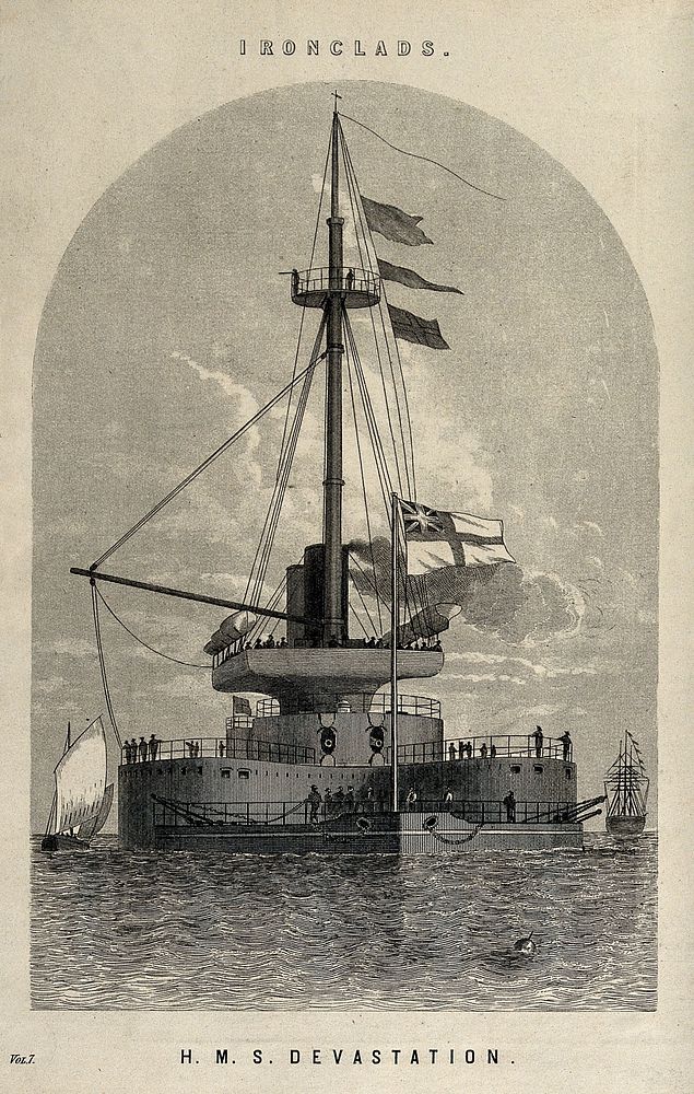 Armaments: an ironclad battleship, H.M.S. Devastation. Engraving, c.1861.