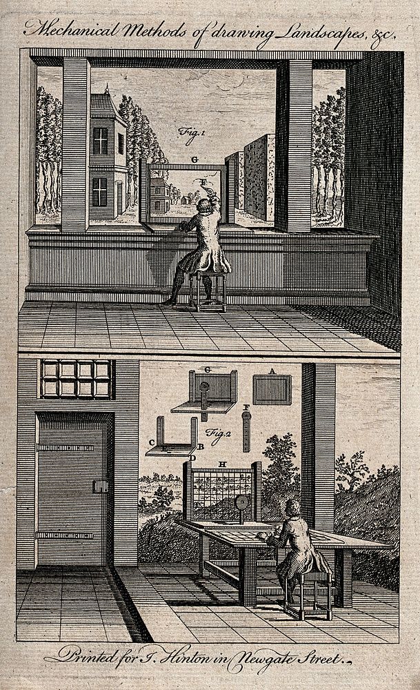 A seated man drawing a view onto a framed piece of glass and a seated man drawing from a perspective grid. Etching.