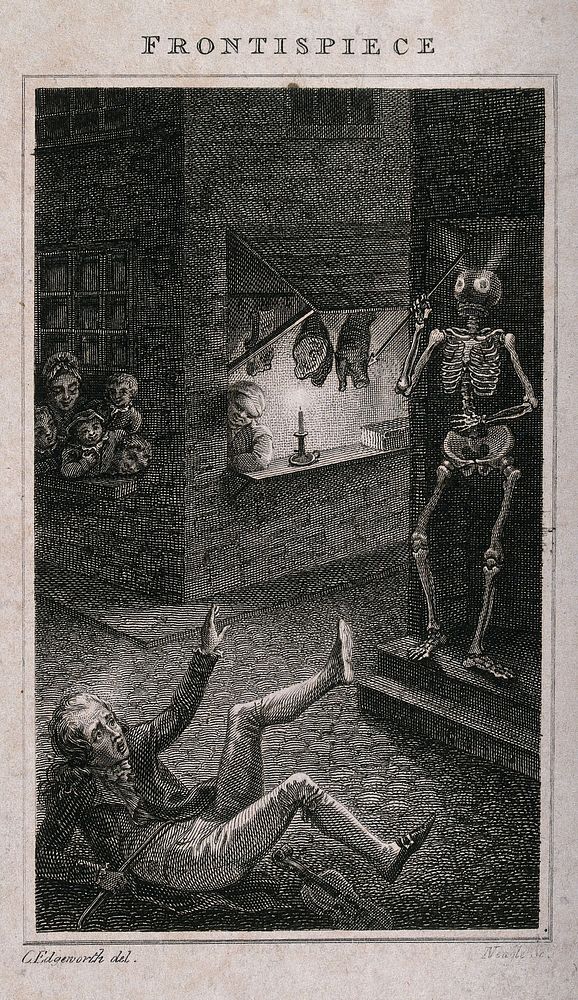 A fiddler falls over in fright at a skeleton. Etching by J. Neagle after C. Edgeworth, 1801.