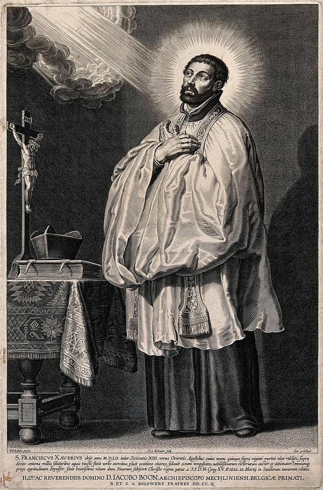 Saint Francis Xavier, standing next to an altar with a crucifix, looking upwards. Engraving by S. à Bolswert after P.P.…