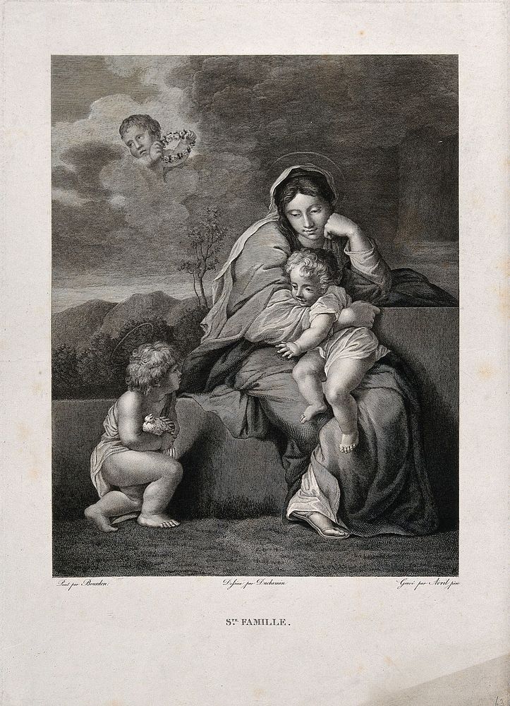 Saint Mary (the Blessed Virgin) with the Christ Child, Saint John the Baptist and an angel. Engraving by J.J. Avril after…