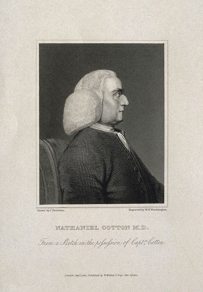 Nathaniel Cotton. Line engraving by W. H. Worthington, 1820, after J. Thurston.