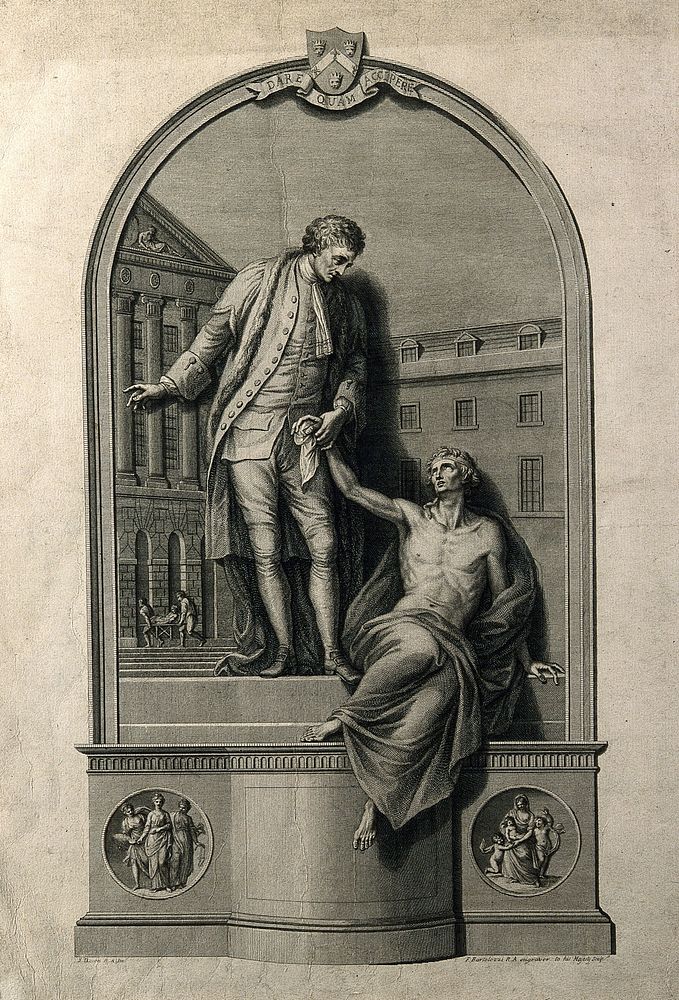 Thomas Guy. Line engraving by F. Bartolozzi after J. Bacon, senior, 1779.