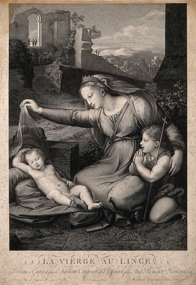 Saint Mary (the Blessed Virgin) with the Christ Child and Saint John the Baptist. Engraving by A.G.L. Desnoyers after G.F.…