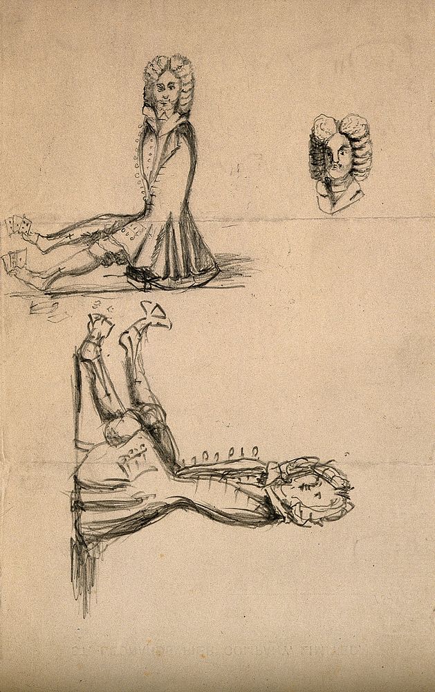 Johann Valerius, a man born without arms, holding playing cards in his toes. Pencil drawing.