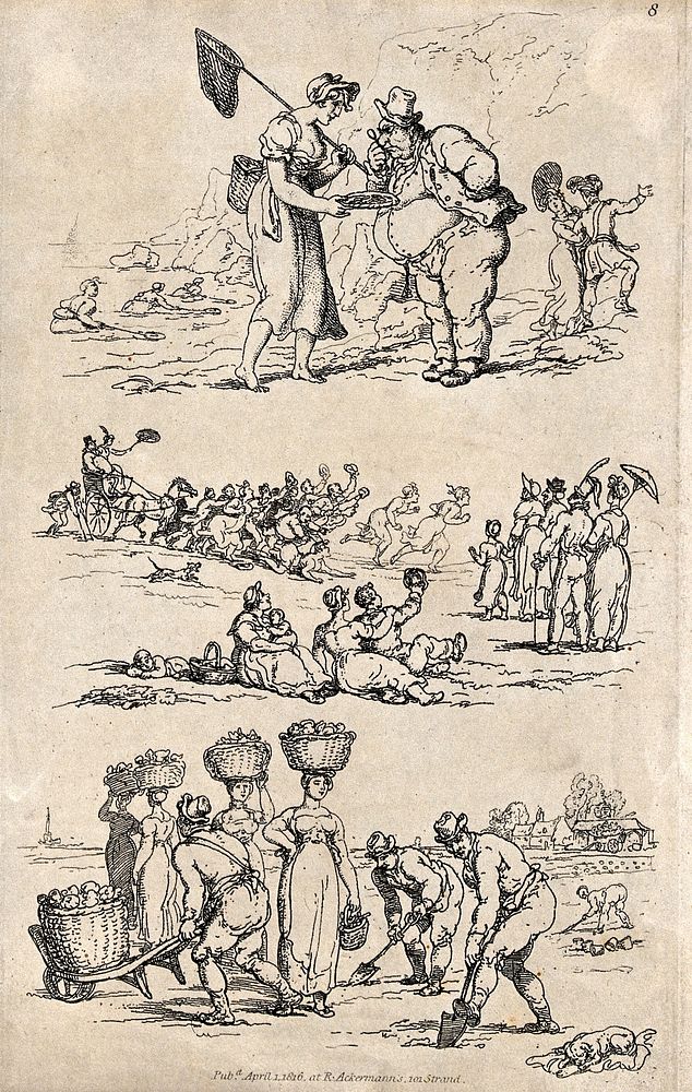 A woman on the beach is offering a dish to a man with an eye glass, two women are being chased by a crowd and women are…