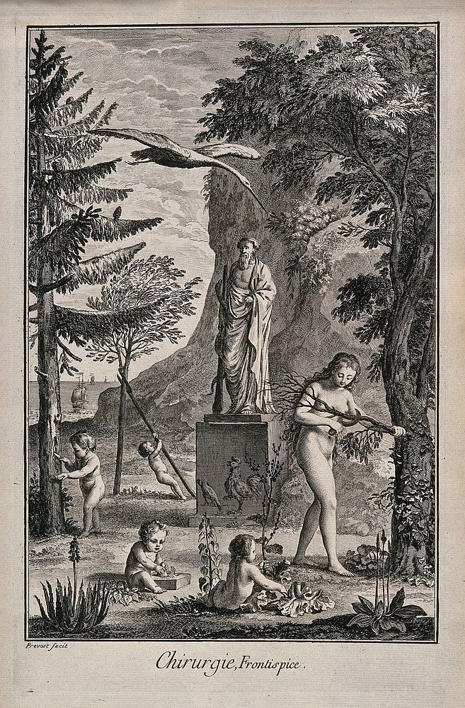 Allegory of surgery. Engraving with etching by B. L. Prevost.