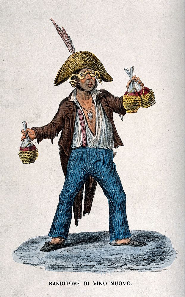 A seller of red wine crying up in his wares. Colour lithograph.