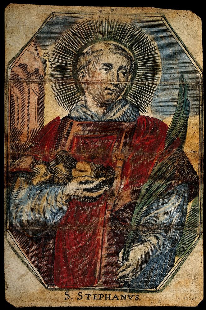 Saint Stephen. Coloured line engraving.