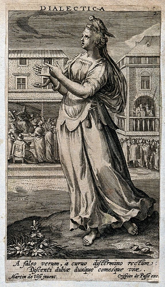 A woman making gestures of speech, having a snake around her wrist and a parrot on her head, is standing in a market place…
