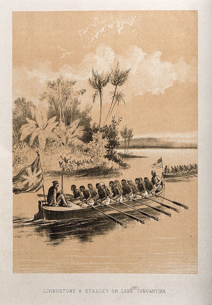 Henry Morton Stanley and David Livingstone on Lake Tanganyika. Lithograph.