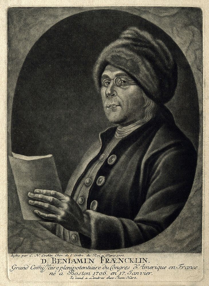 Benjamin Franklin. Mezzotint after C. N. Cochin, junior, 1777.