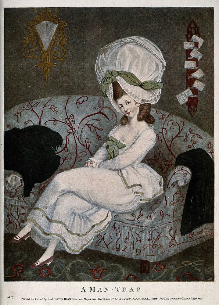 A fashionably dressed young woman wearing an elaborate muslin cap and seated on a settee looks coyly to the right; behind…