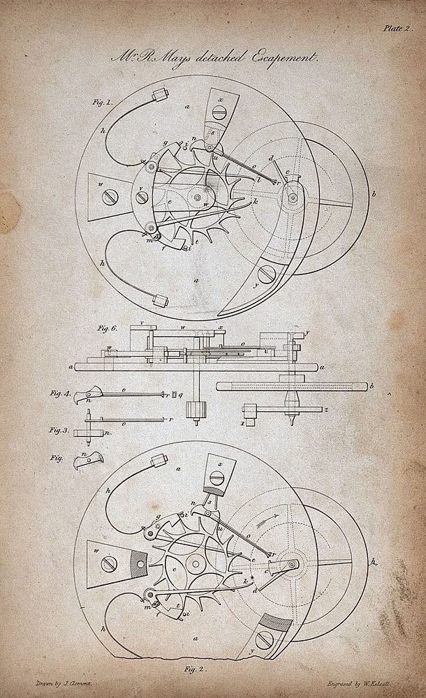 Clocks: an escapement mechanism. Engraving by W. Kelsall after J. Clement.