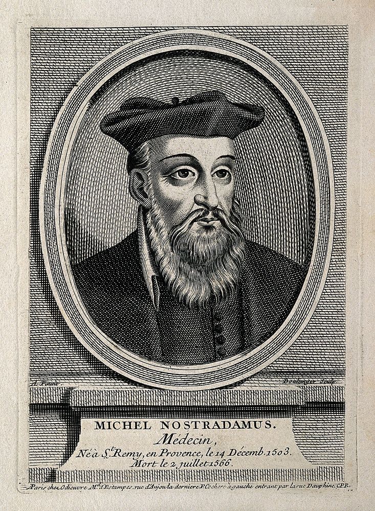 Michael Nostradamus. Line engraving by J. Boulanger after A. L., 1742.
