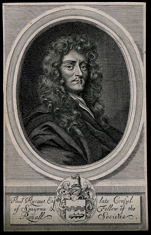 Sir Paul Rycaut. Line engraving, 1680, after R. White after Sir P. Lely.