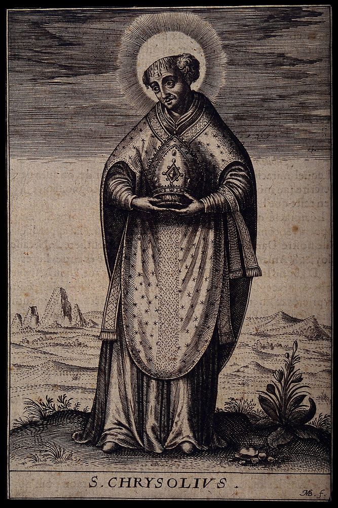 Saint Chrysolius. Engraving by M. Baes (Basse, Bassius), 1619.