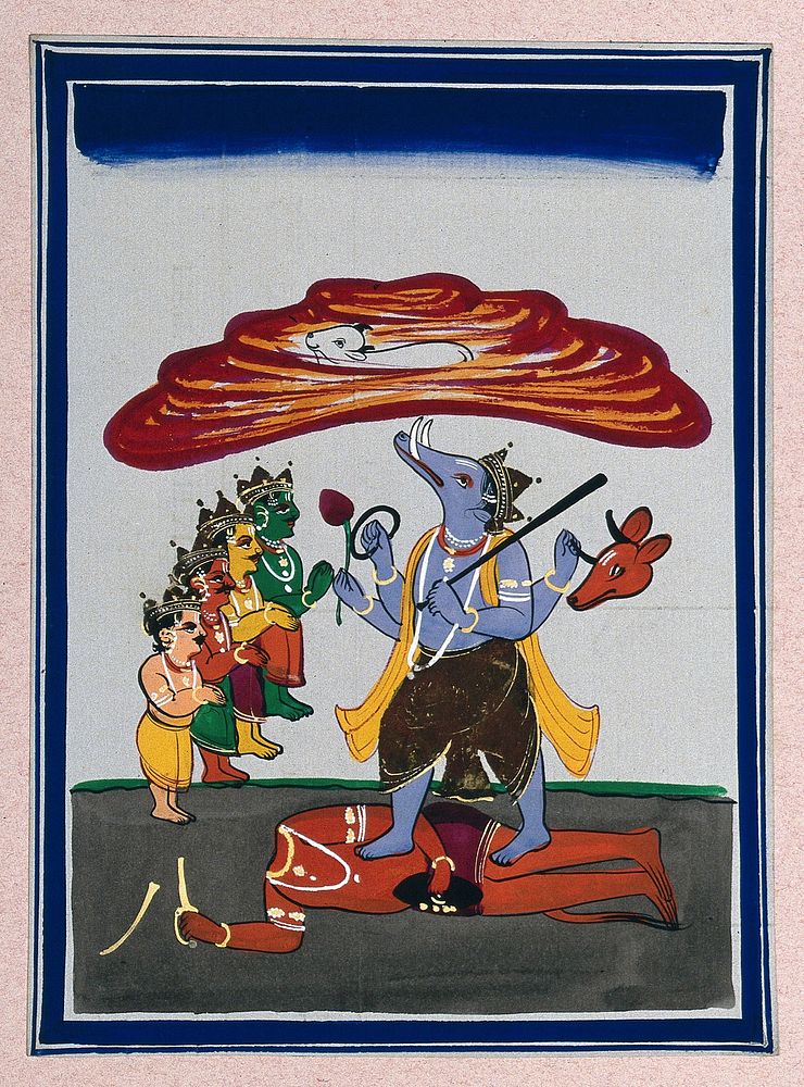 Vishnu in his avatar as Varaha slaying the demon Hiryanyaksa to save the earth. Gouache painting by an Indian artist.