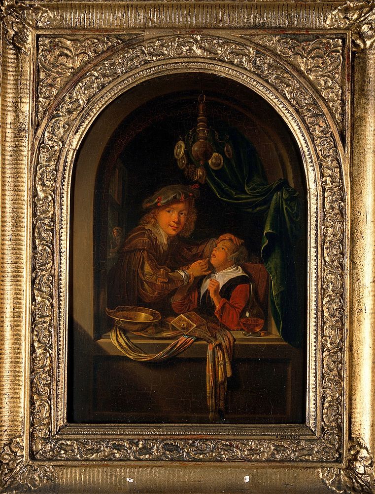 A man using a dental probe on a girl's mouth. Oil painting after Gerrit Dou.