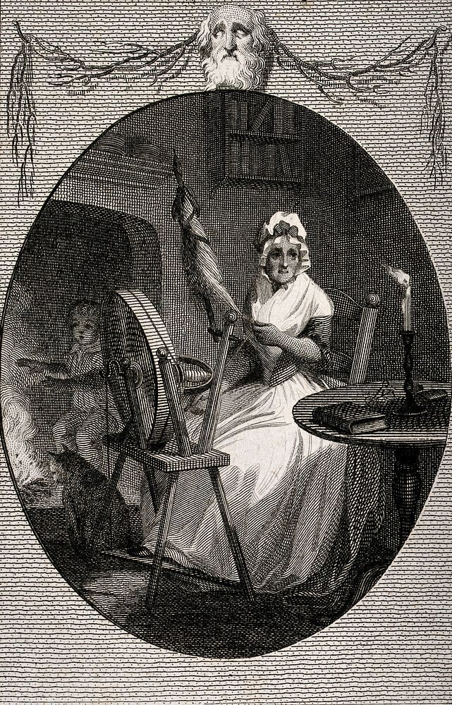 An old woman sits spinning by candelelight as a boy and a cat warm themselves by the fire. Engraving by J. Parker after R.…