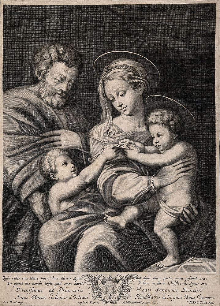 Saint Mary (the Blessed Virgin) and Saint Joseph with the Christ Child and Saint John the Baptist. Engraving by S.…