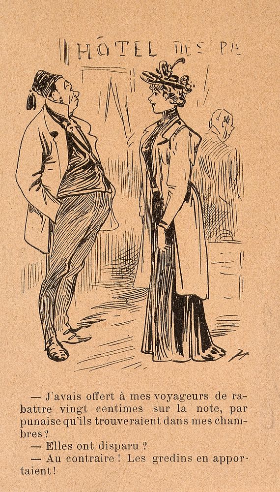 The manager of a hotel discusses the extermination of bedbugs with a lady. Wood engraving by 'Henriot' (H. Maigrot).