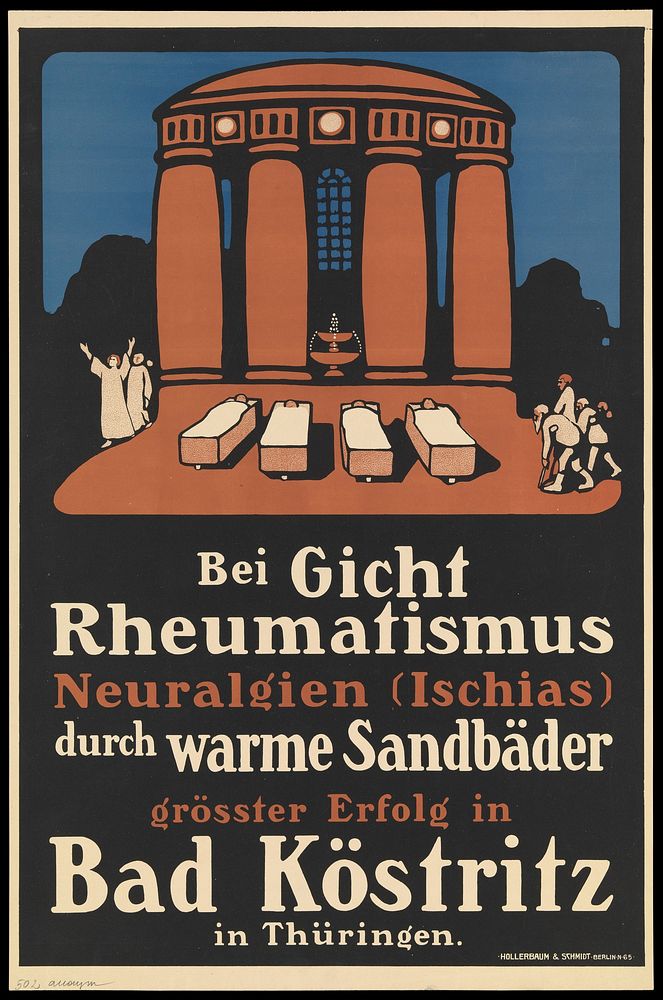 A temple with a fountain, representing sandbath treatment for gout and other diseases at Bad Köstritz. Colour lithograph…