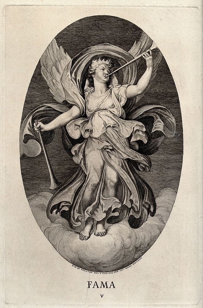 A winged woman, standing on a cloud, blowing one of her two trumpets; representing Fame. Etching by G.C. von Prenner.