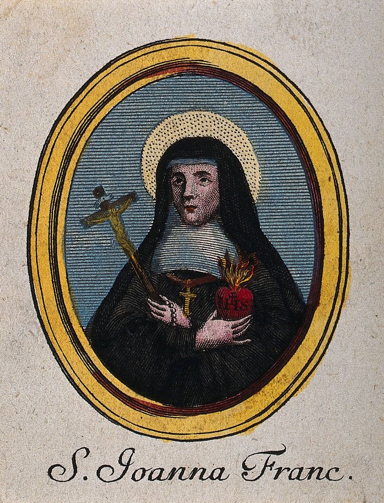 Saint Joan of Valois. Coloured line engraving.