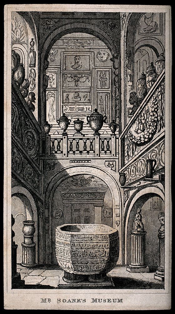 Sir John Soane's House and Museum: the Belzoni Chamber at basement level, showing the sarcophagus of Seti I. Engraving.