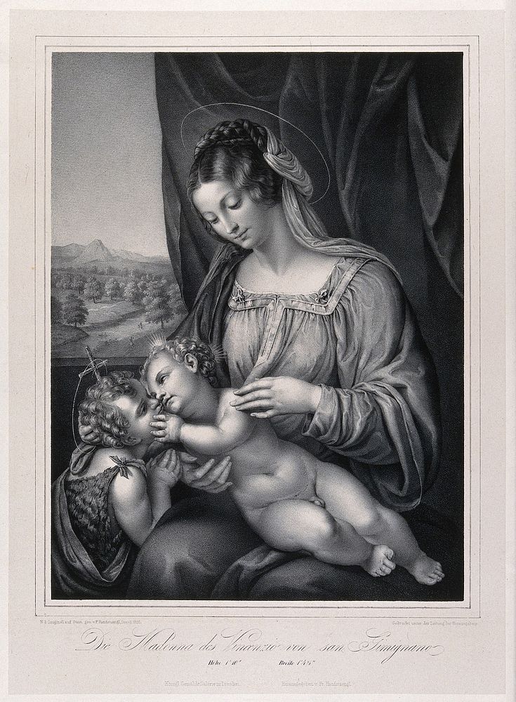 Saint Mary (the Blessed Virgin) with the Christ Child and Saint John the Baptist. Lithograph by F.S. Hanfstaengl, 1836…
