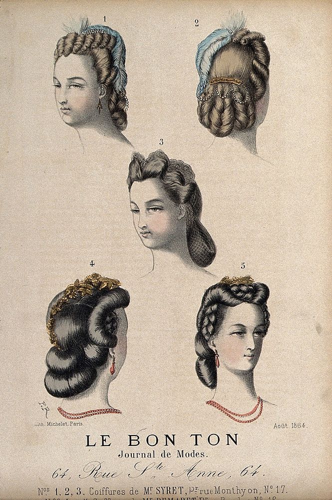 The heads of five women with braided hair dressed with feathers, beads, lace and artificial leaves. Coloured lithograph by…