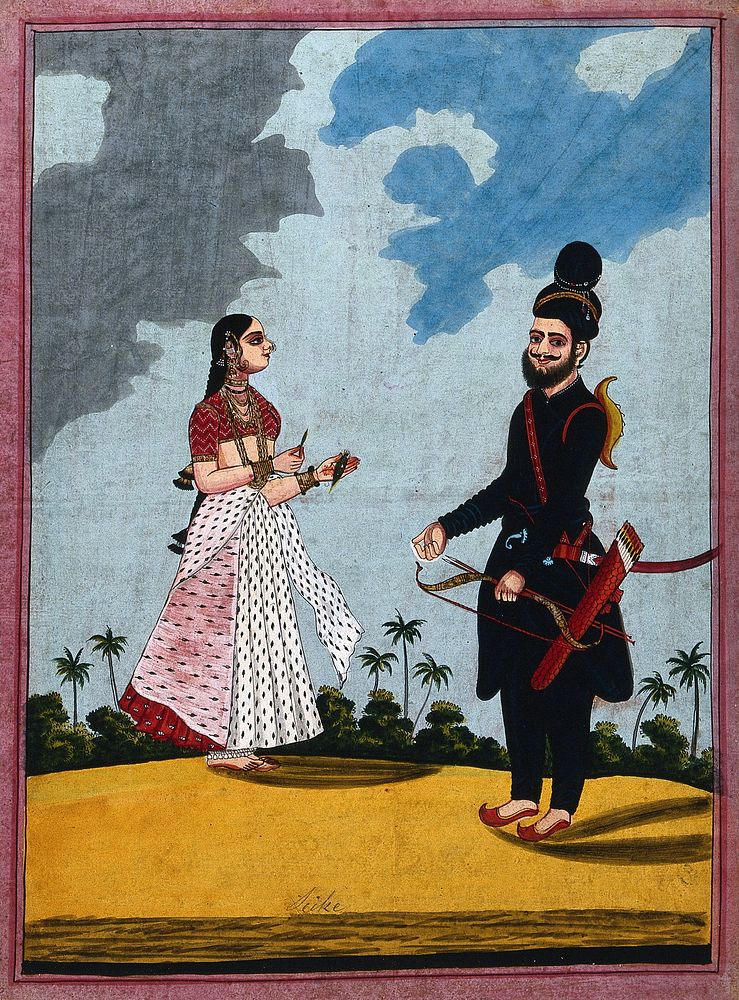 A Sikh soldier with his wife offering him betel leaves. Gouache drawing.