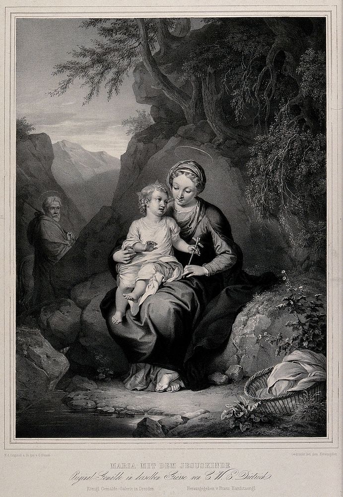 The Holy Family resting on the flight into Egypt. Lithograph by C. Straub after C.W.E. Dietrich.