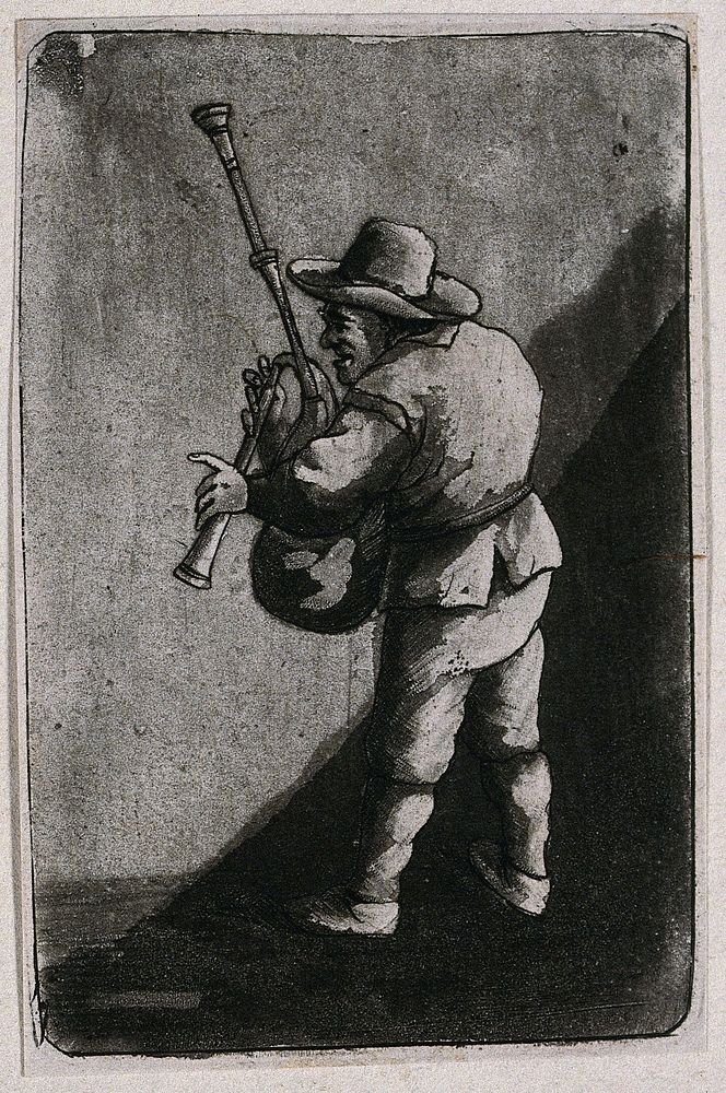 A man is holding a set of bagpipes. Aquatint.