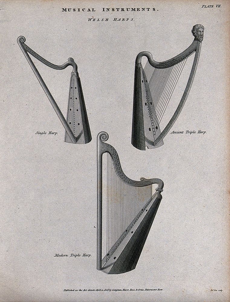 Three Welsh harps. Engraving by J. Lee.