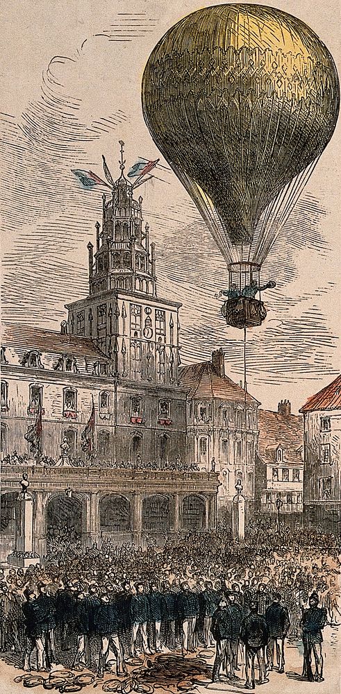 A large balloon is hanging over the old town hall at Calais preparing for take-off. Coloured wood engraving.