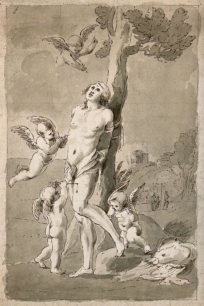 Martyrdom of Saint Sebastian. Drawing with pen and olive washes.