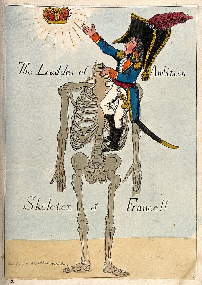 Napoleon climbing a headless skeleton trying to reach an unattainable crown; representing his imperial ambitions for France…