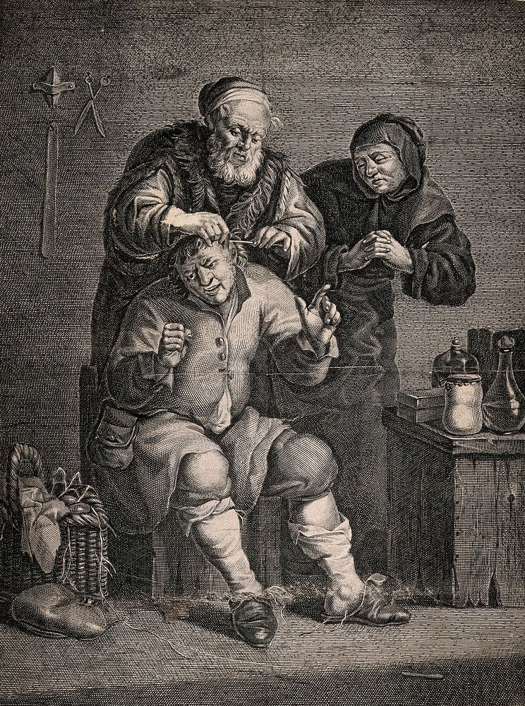 An itinerant surgeon extracting stones from a grimacing patient; symbolising the expulsion of 'folly' (insanity). Engraving.