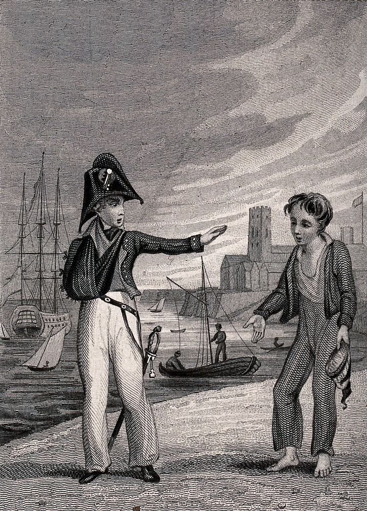 A sailor on a quay side with one arm in a sling holds out his other hand as if to push away the small beggar boy who is…