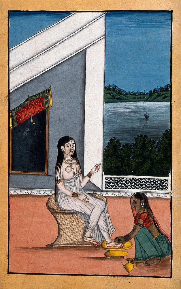 A servant attending to an Indian lady's feet. Gouache painting by an Indian painter.